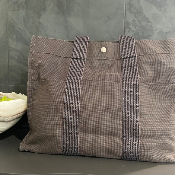 AUTH. HERMES Toile Herline MM Tote Work Book Baby Travel Bag Zipper Closure Gray - Picture 15 of 15